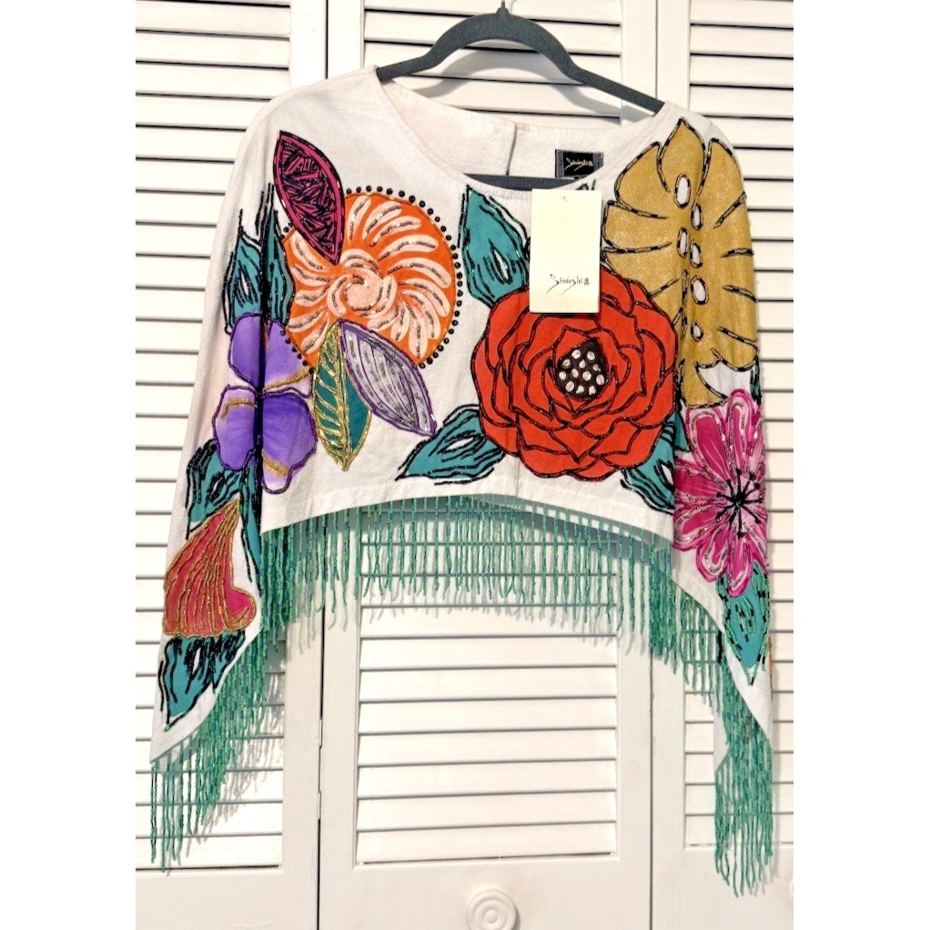 Authentic Mexican Poncho Hand Painted & Turquoise Hand Beated By Sindashi Art